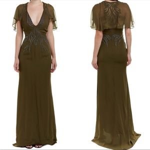 Haute Hippie Shaded Palm Cape Sleeve army green dress long evening gown